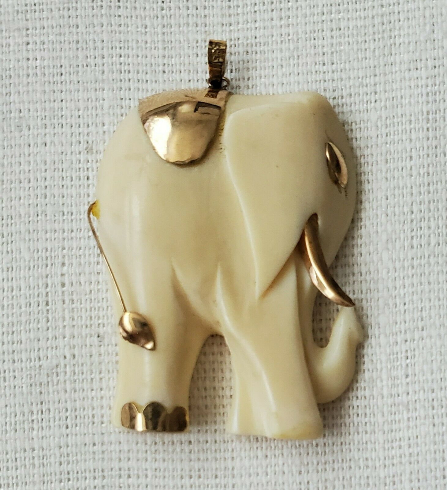 Vintage Carved Elephant Necklace Pendant, Gold Tusk, Saddle, Eye, Toes, Tail