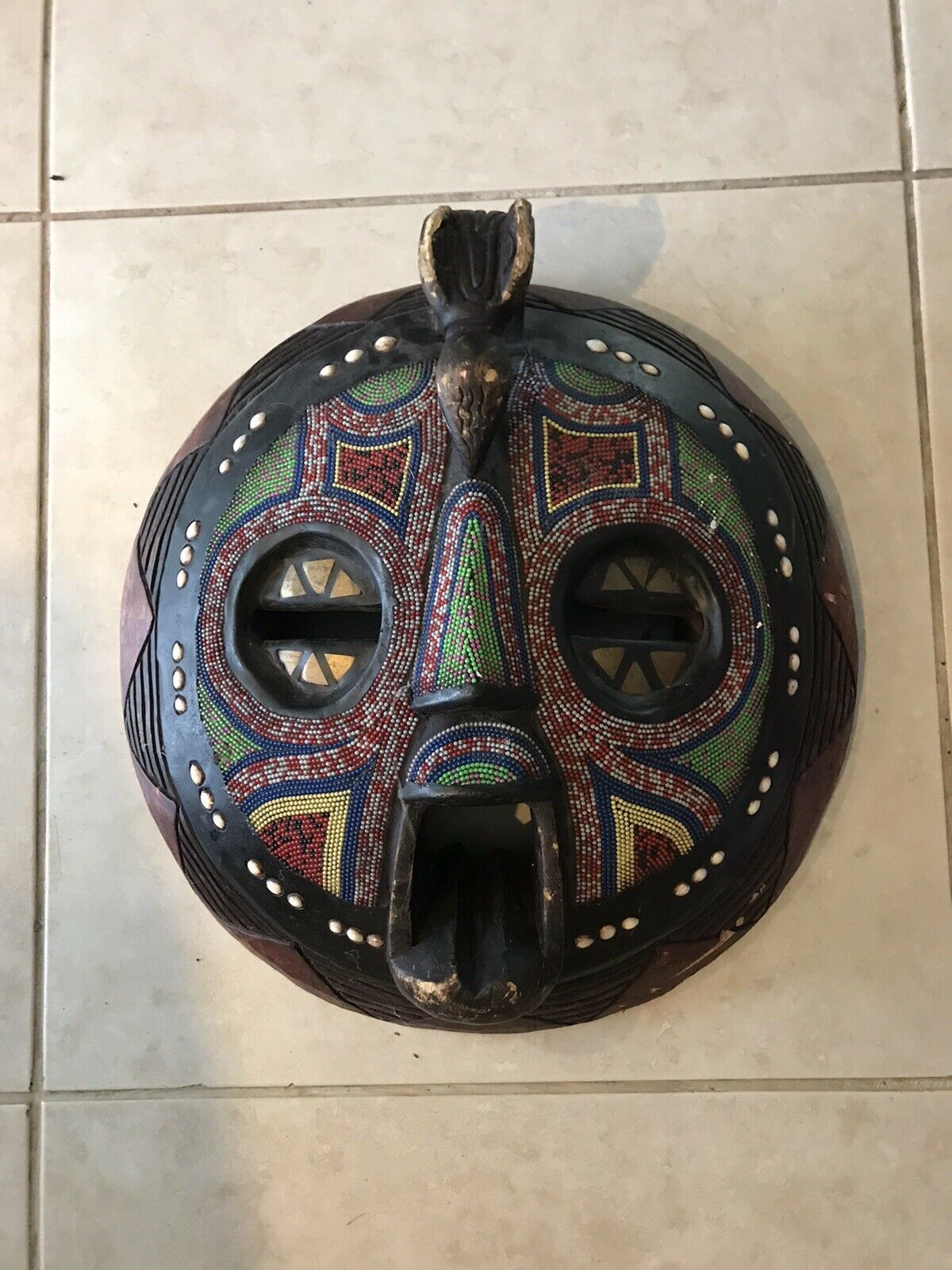 African Ghana Tribal Wood Hand Carved Beaded Mask Moon Face Bird Of Paradise 20”