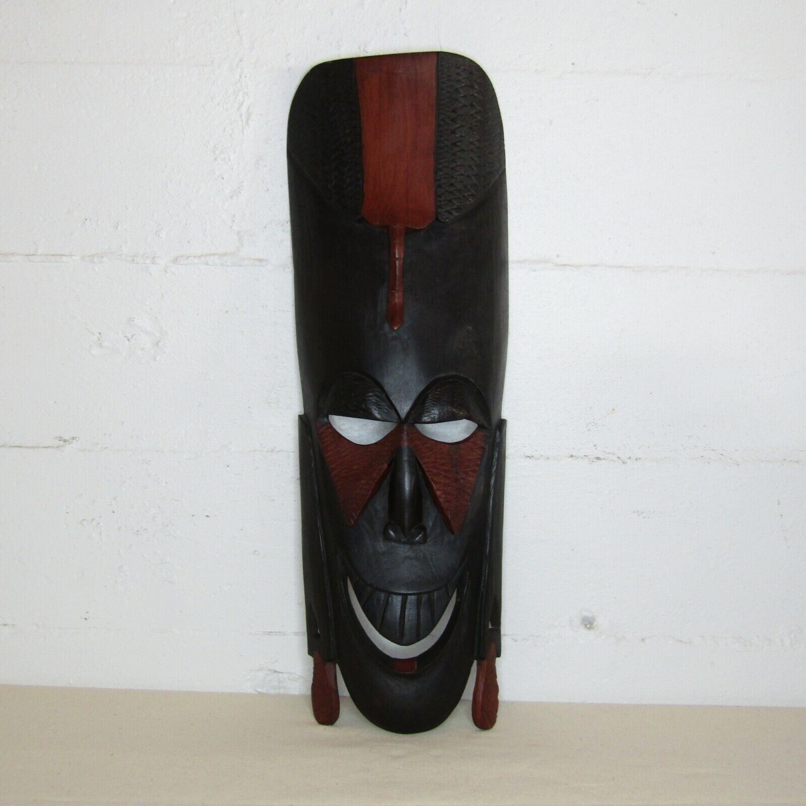 Vtg Aftrican Art Hand Carved Wooden Mask Black/red Tribal Hanging Mp221