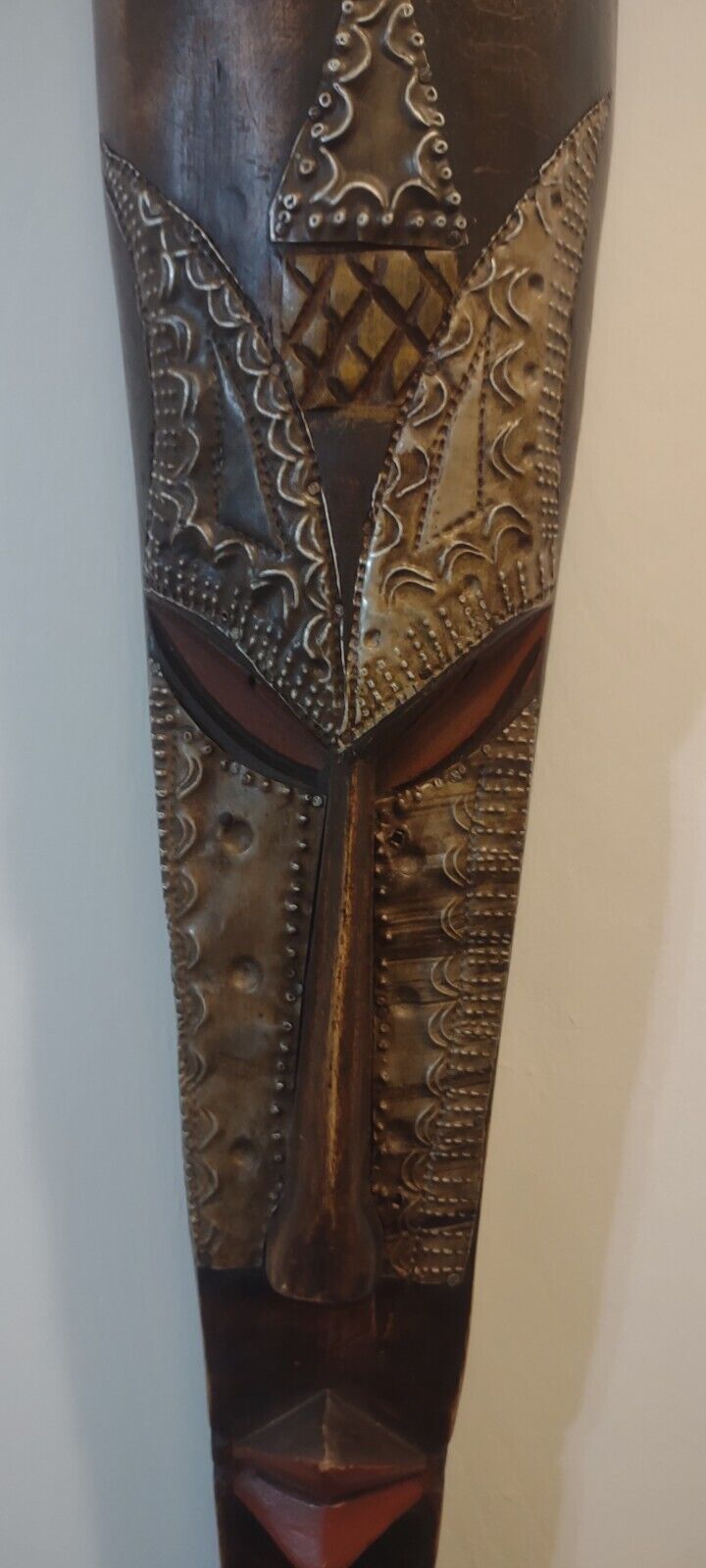 African Tribal Wooden Mask Inlaid Metal 22.5”l 5"w Ghana Handmade