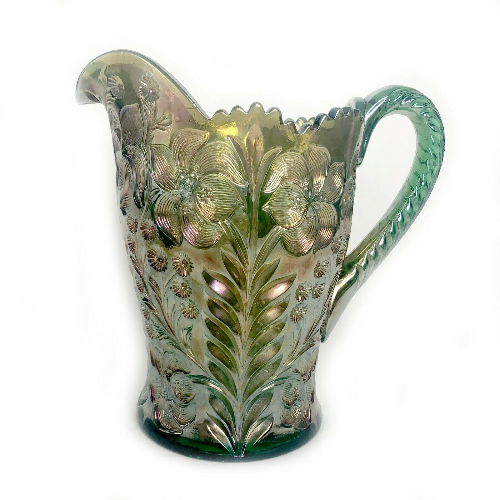 Antique Carnival Glass Water Pitcher Imperial Tiger Lily Green