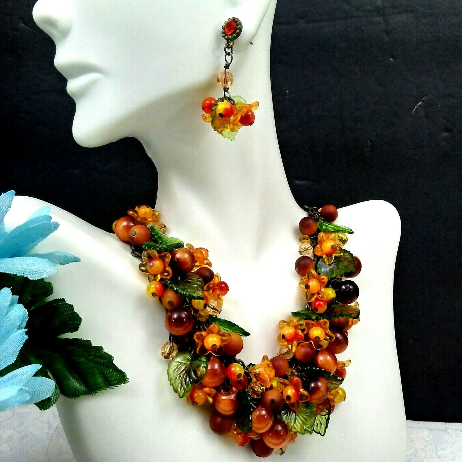 Estate Sale: Floral Lucite Cluster Beaded Necklace 16"+ Matching Earrings #18-11