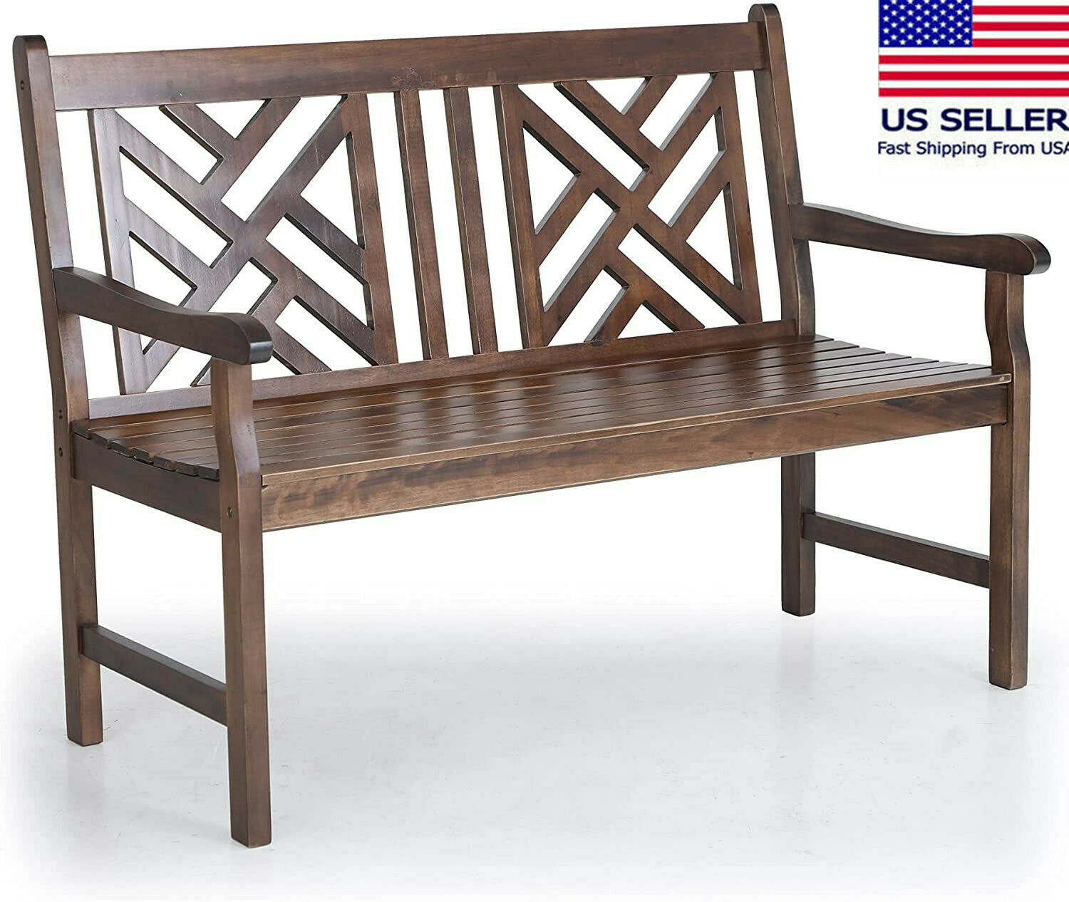 Outdoor Poplar Wood Bench Loveseat Patio Wooden Bench With Backrest And Armrests
