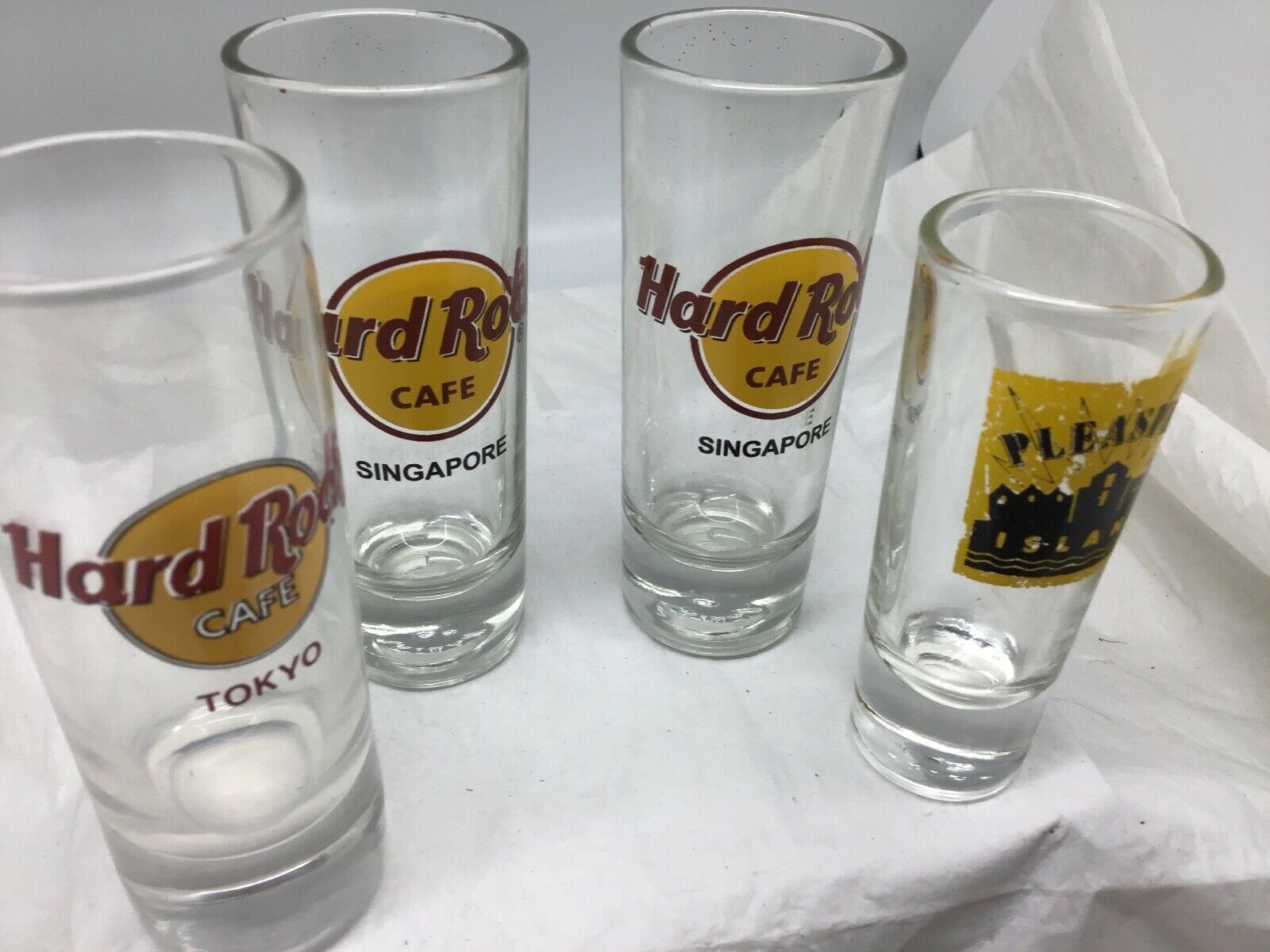 3 - Hard Rock Cafe 4” Shot Glasses, Tokyo, 2-singapore & Treasure Island, Boxed