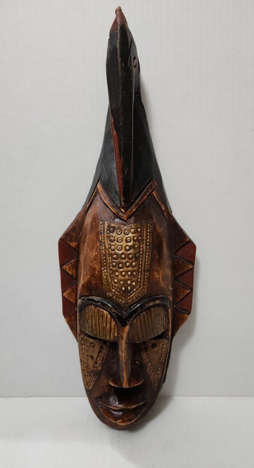 Vintage Hand Carved African Wood & Brass Mask. Ghana Wall Hanging 15” Ebony Wood