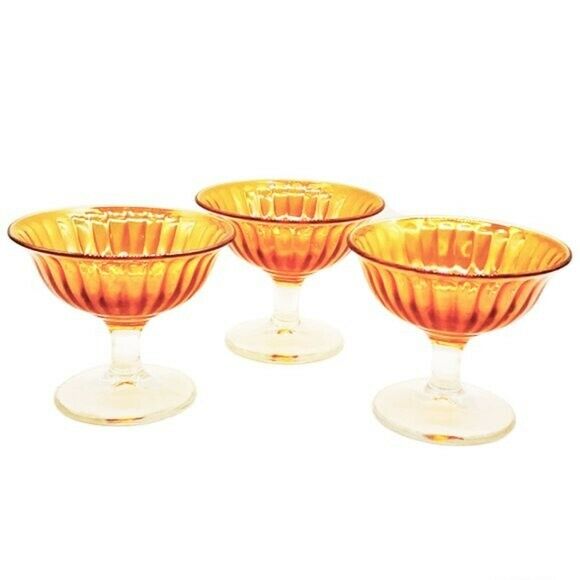 Imperial Smooth Rays Marigold Carnival Glass Lot Of 3 Sherbets Iridescent Fruit