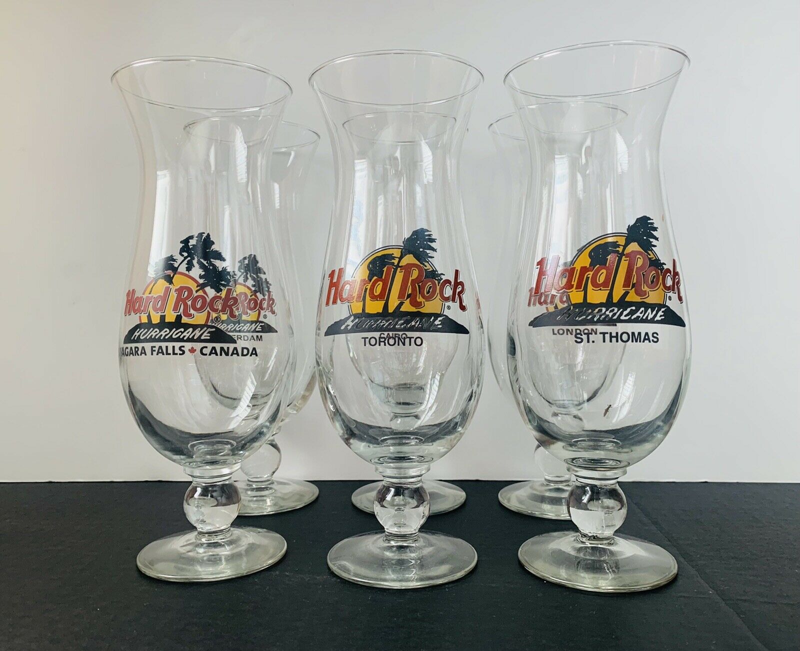 Set Of 6 Collectible Hard Rock Cafe Hurricane Glasses Incl Htf “cairo/amsterdam”