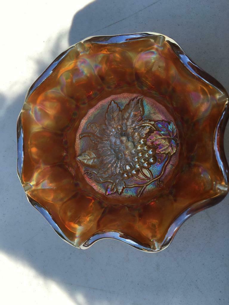 Imperial Glass Carnival Heavy Grape Marigold Ruffled Bowl Euc