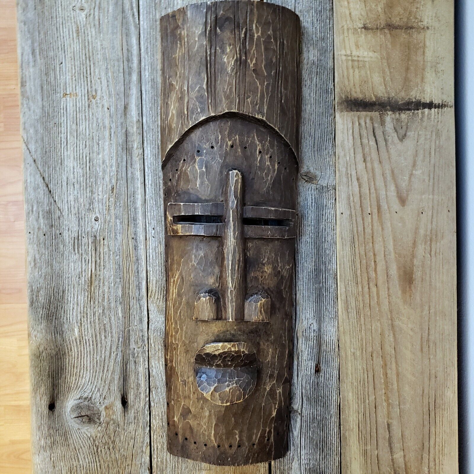 Vintage African Tribal Mask Hand Carved Wooden Folk Art 19in Tall Hewn Wood Face