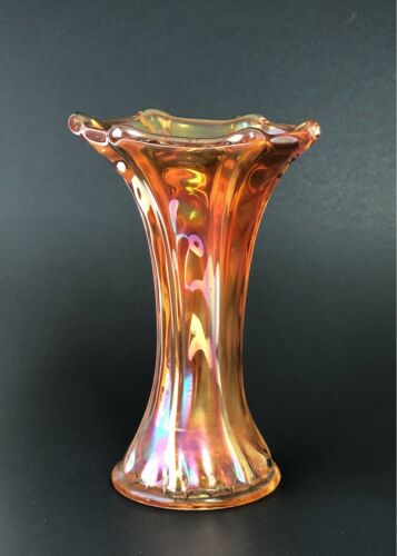 Imperial Marigold Thin Rib And Drape Carnival Glass Stretch Swung Vase 5 3/8”