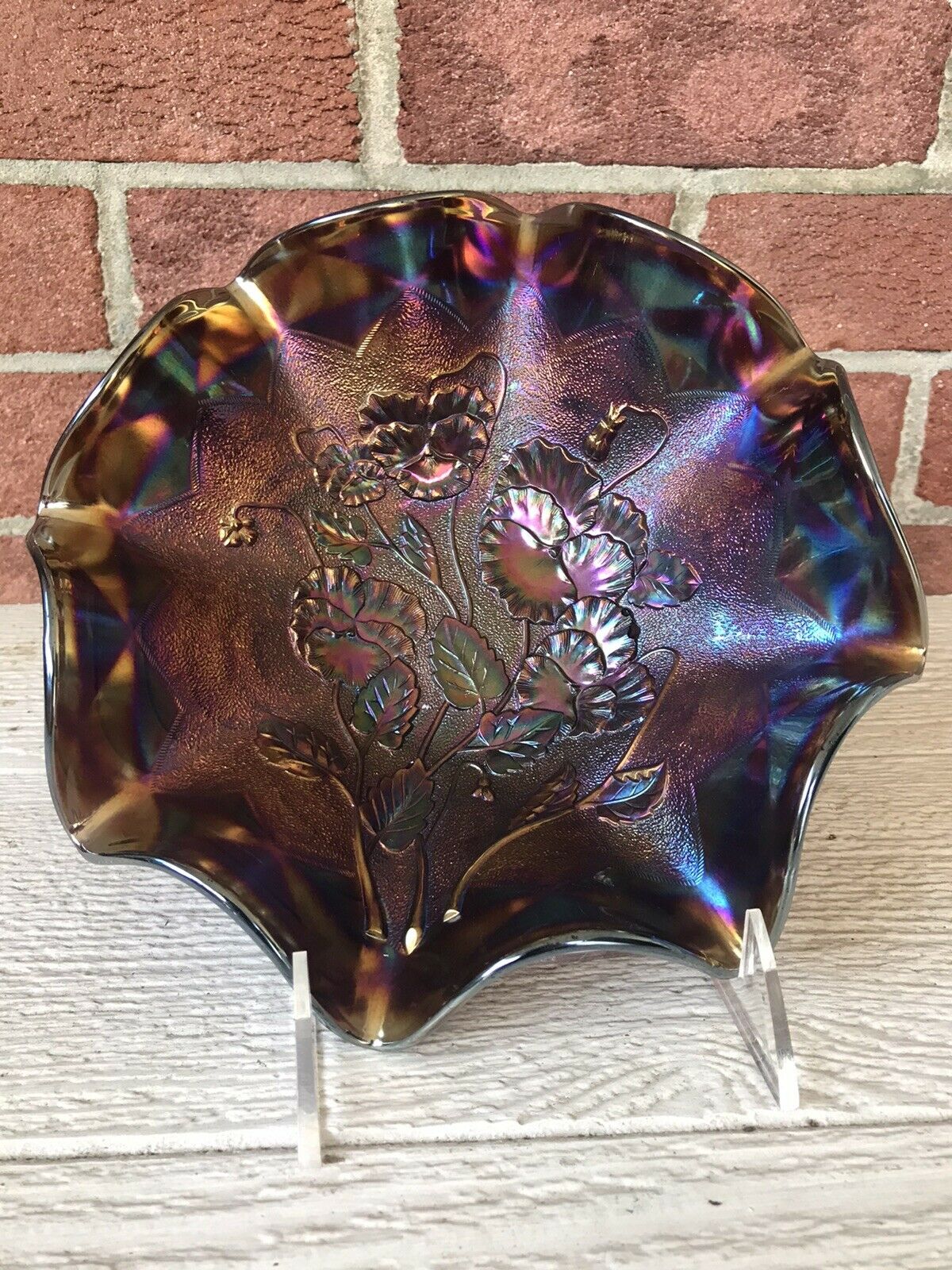 Carnival Glass Amethyst Pansy Ruffled Bowl With Cut Arc’s Exterior - Gorgeous!