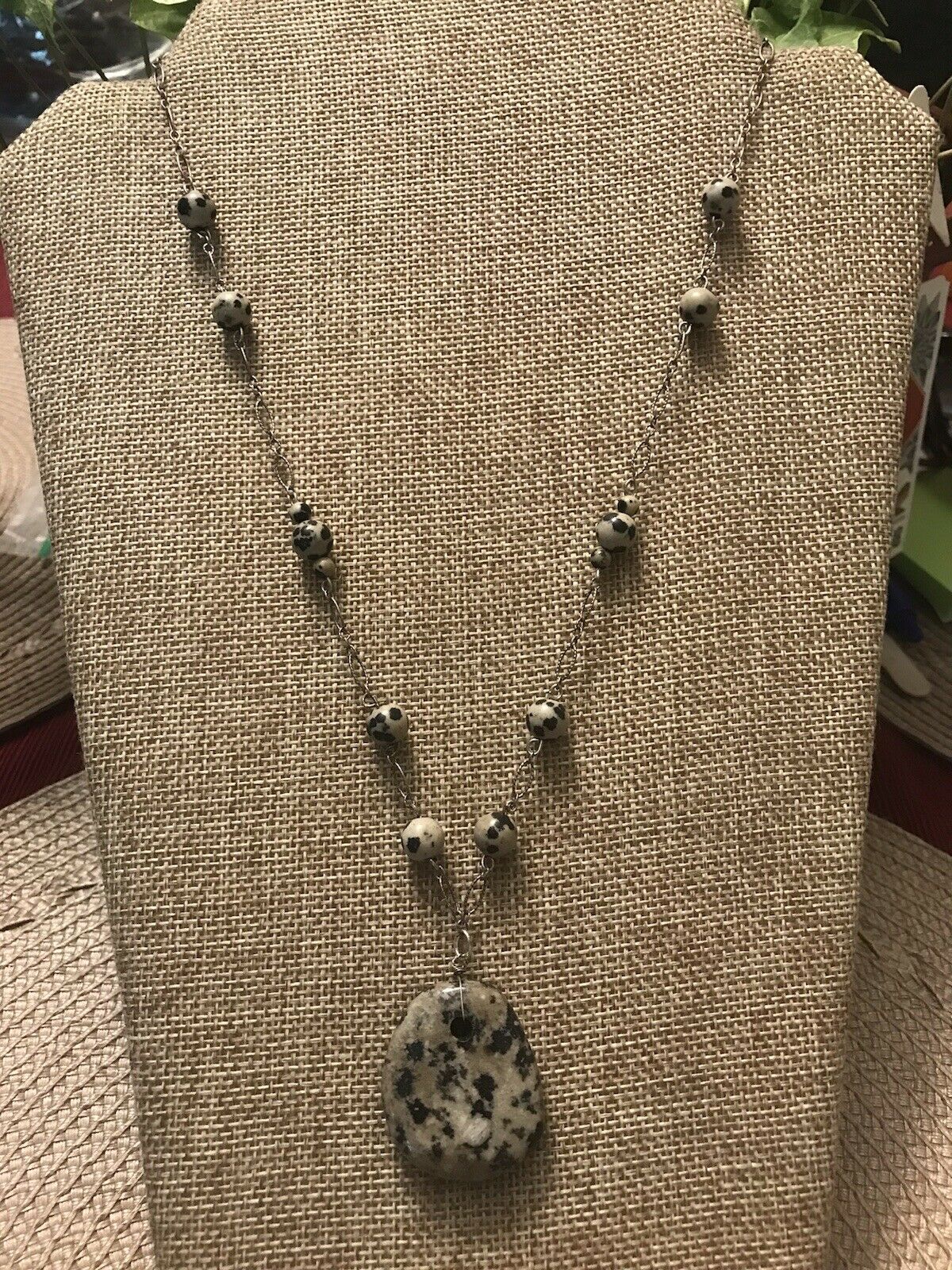 Vintage Estate Dalmatian Stone Necklace 22-25” Sterling Silver Chain Not Clasp