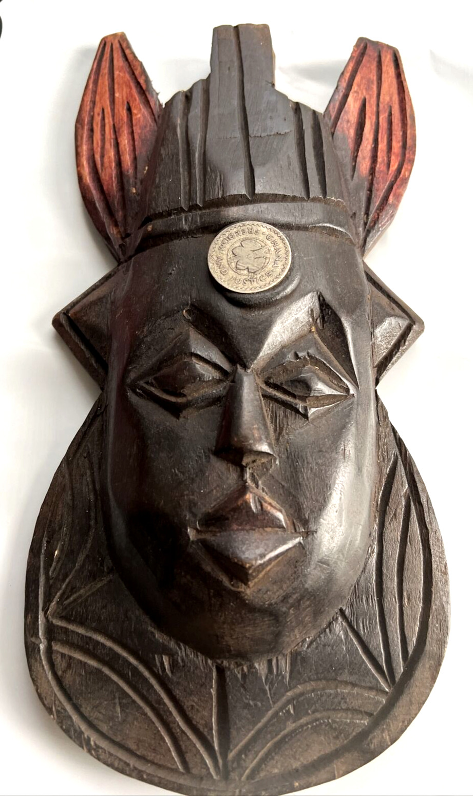 Vtg Ghana African  Face Mask/w Coin Wooden Hand-carved Tribal Wall Hanging  Plc