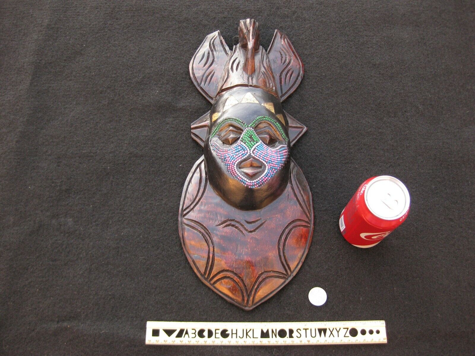 Vintage African Mask Beads Carved Wood Turtle Armor Shield Elephant Crown Ghana