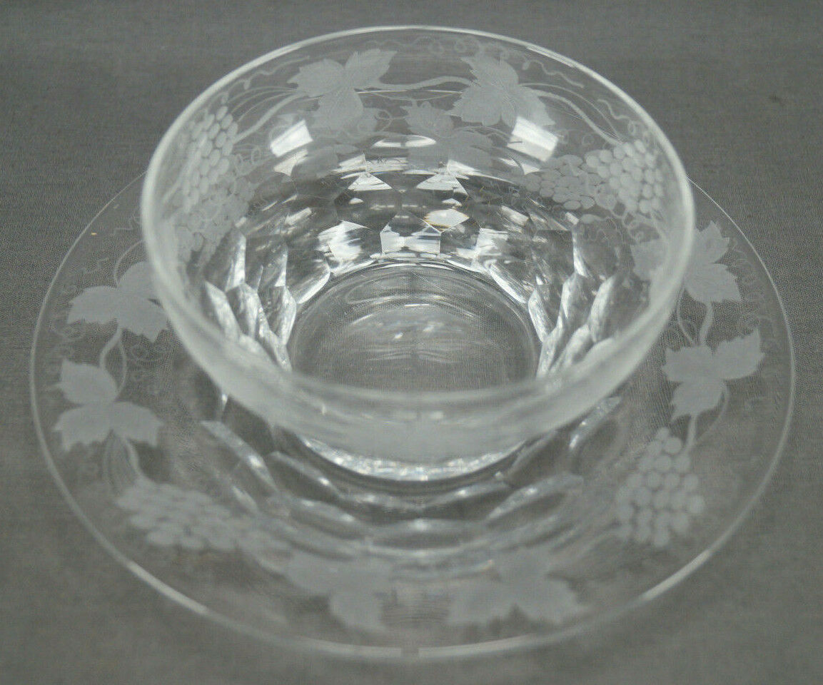 Flint Glass Cut Honeycomb Engraved Grapevine Finger Bowl & Under Plate C. 1860s