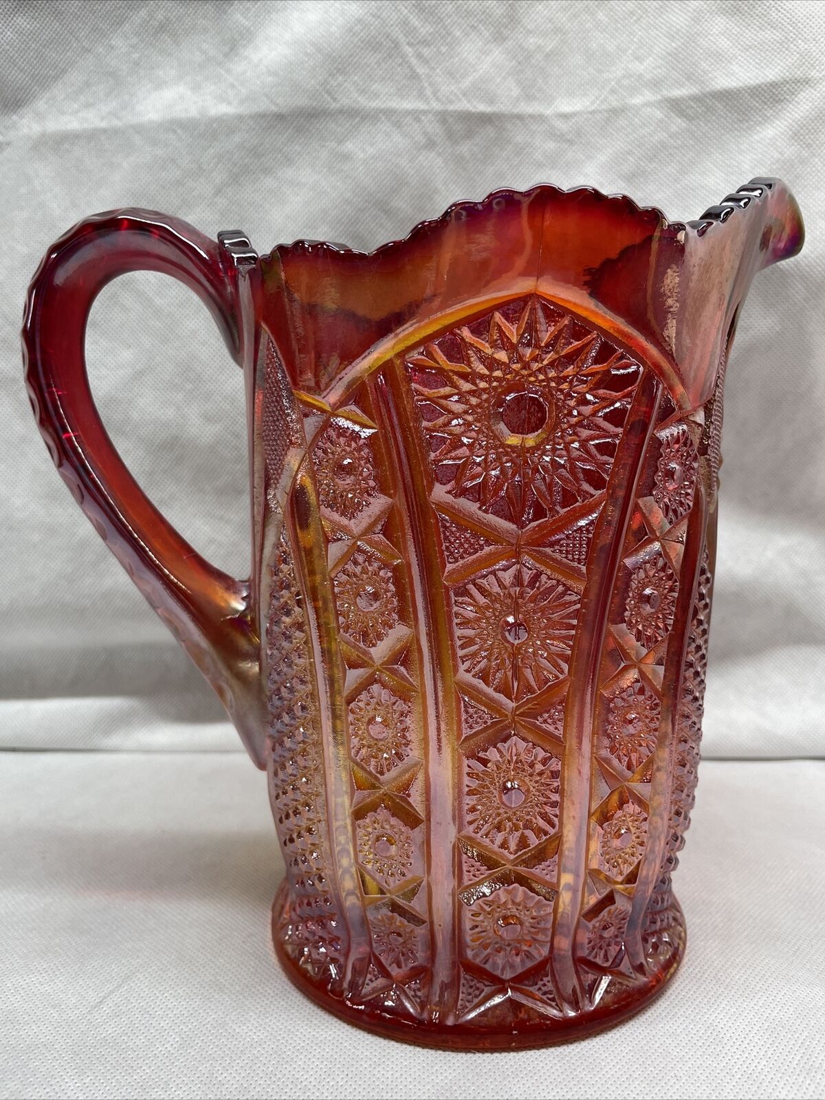 Vintage Imperial Diamond Hobstar Carnival Glass 8" Water Pitcher Amberina Blue