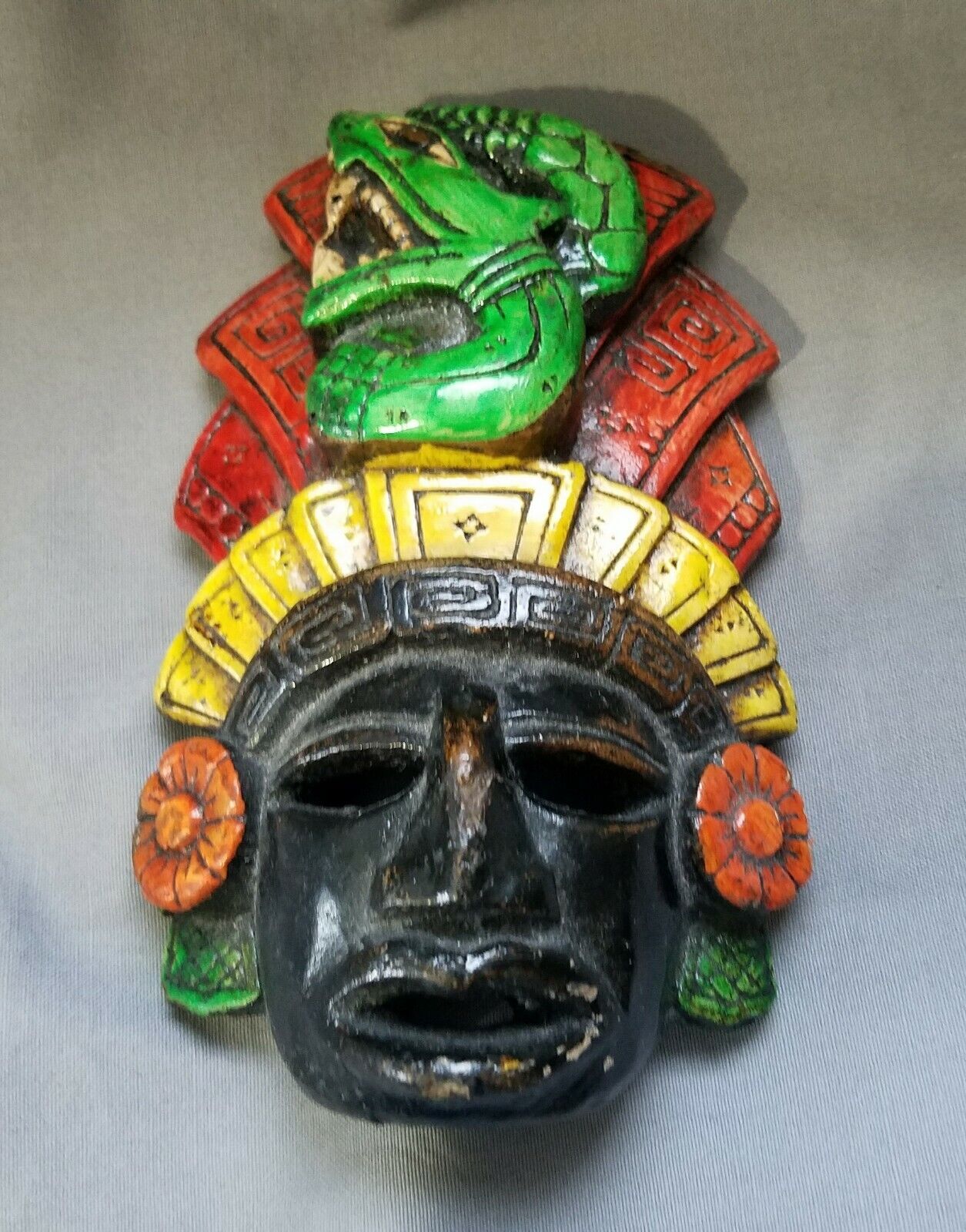 Vintage Mayan Aztec Mask Decor, Folk Art, Mexico, Scary Snake In Headdress