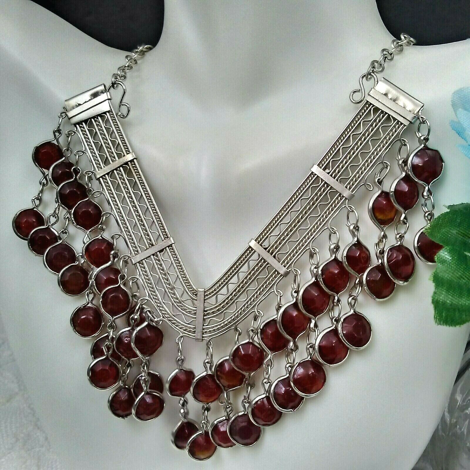 Estate Sale: Silver Tone Necklace With Red Glass Gems 14.5" #18-9