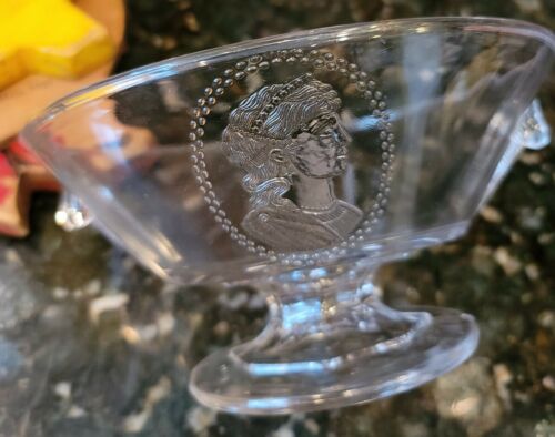 Antique Pressed Glass Ladys Profile Pattern Bowl Footed Side Handles 1800s 8x4"