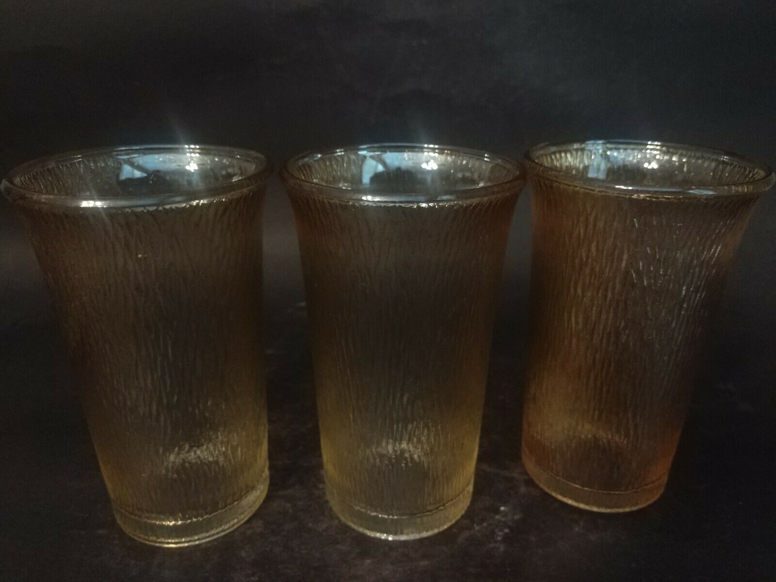 Three Vintage Imperial Marigold Carnival Glass Drinking Tumblers Tree Bark 4.5"