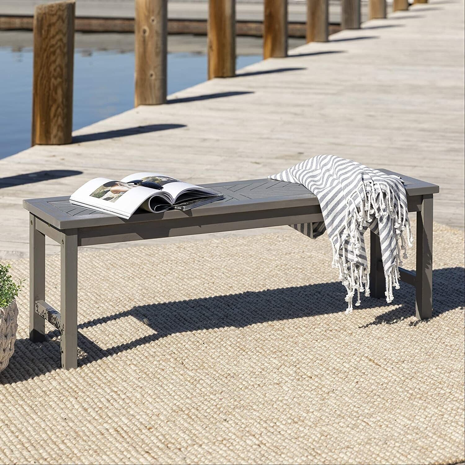 Walker Edison 3 Person Outdoor Patio Chevron Wood Dining Bench All Weather