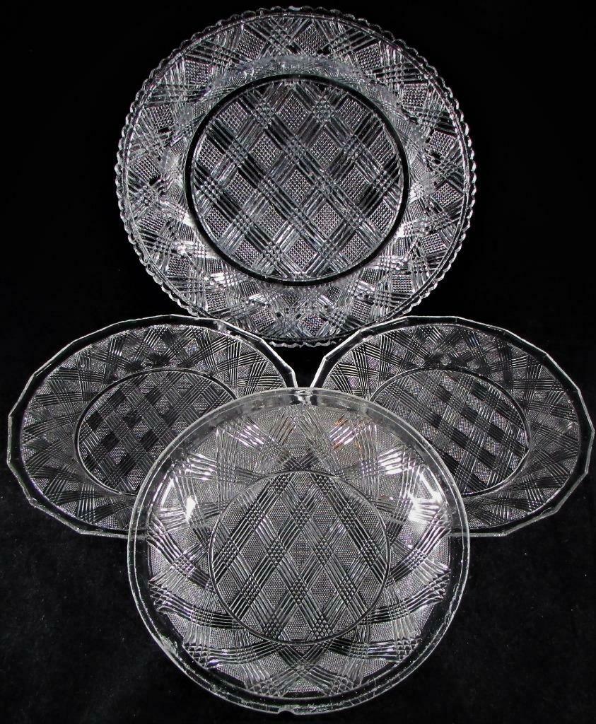 Lot Of 4 Antique Lacy Flint Glass Bowls & Dishes Scotch Plaid Eapg