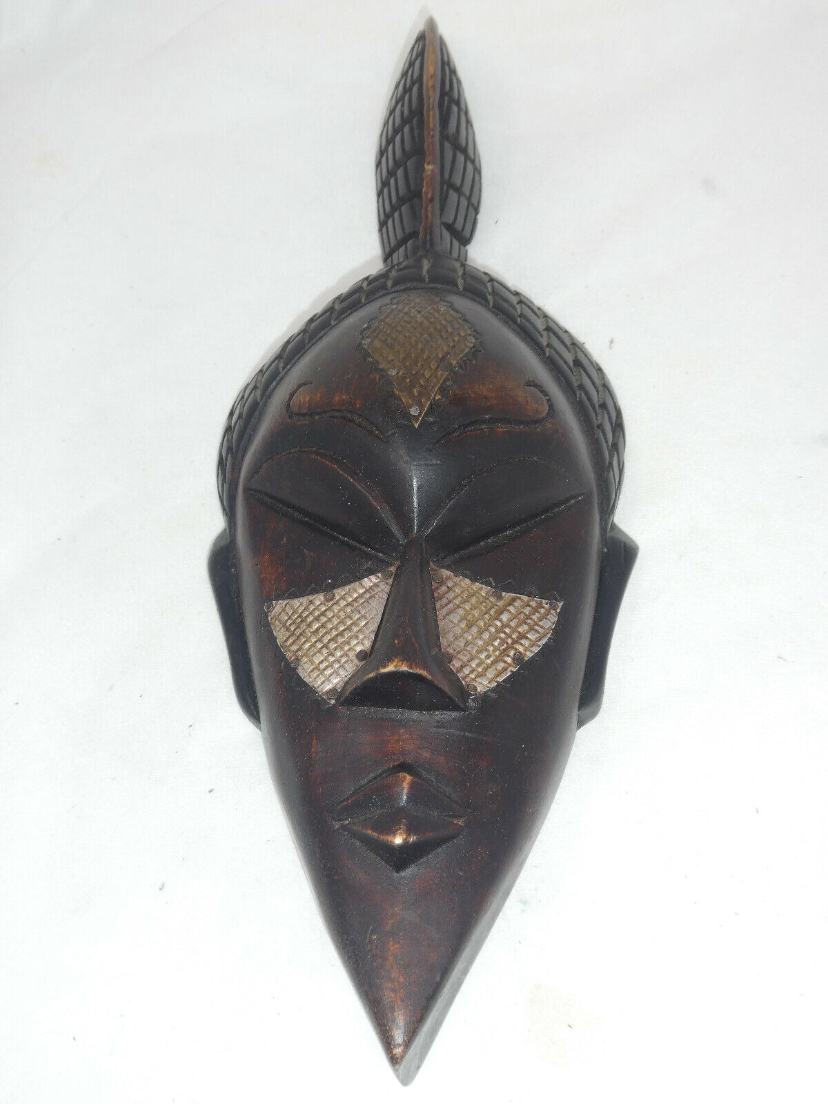 Vintage Hand Crafted Wood African Woman Tribal Mask W/metal Inlays Wall Decor