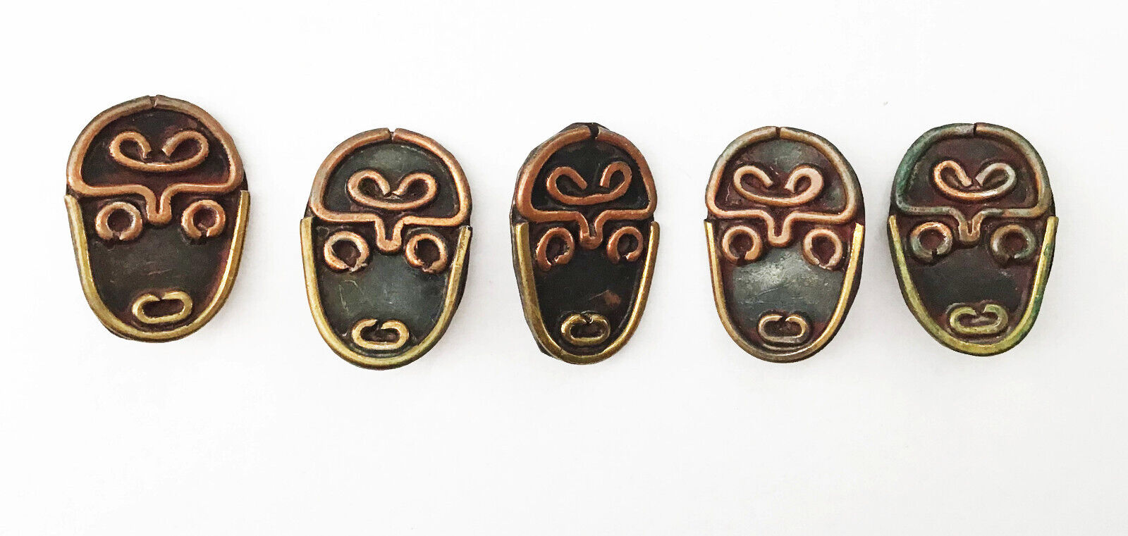 5 Vintage Handmade Mask Buttons African? Islands? Australian? Copper & Brass