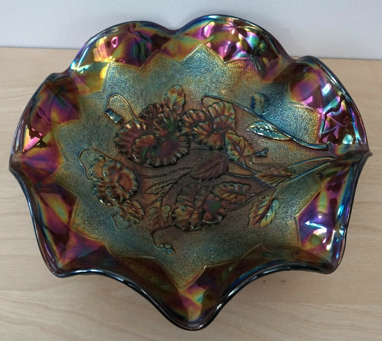 Imperial Carnival Glass Pansy Ruffled Bowl 9 Inches Wide