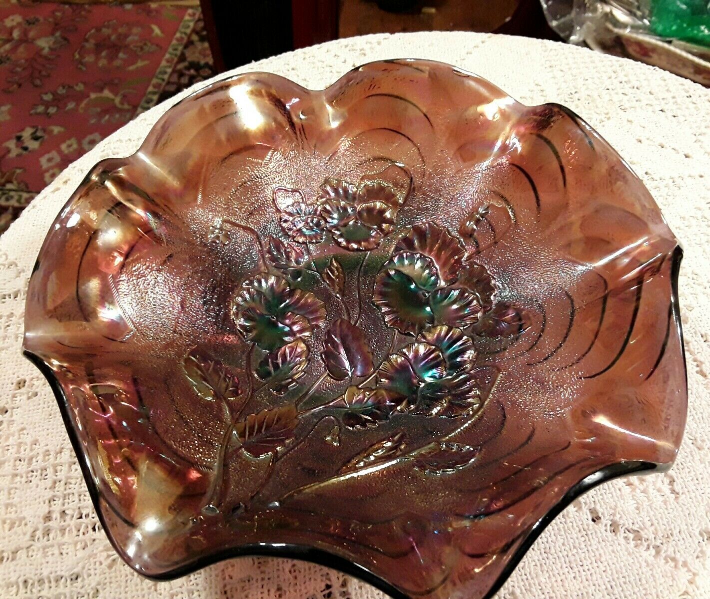 Antique Gorgeous Purple With Blue Iridescence Pansy Carnival Glass Ruffled Bowl