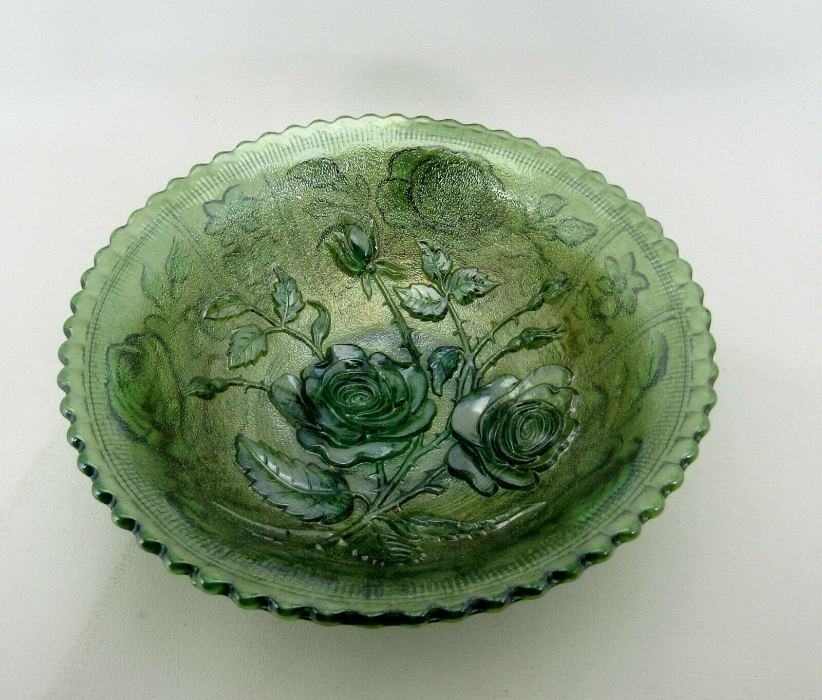 Rare Antique Imperial Glass 1912-1929 Helios Green Carnival Open Rose Bowl