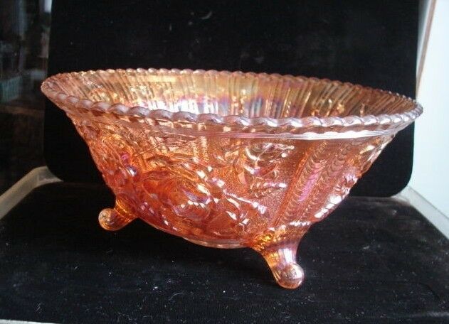 Vintage Imperial Marigold Stippled Lustre Rose Carnival Glass Scroll Footed 10"