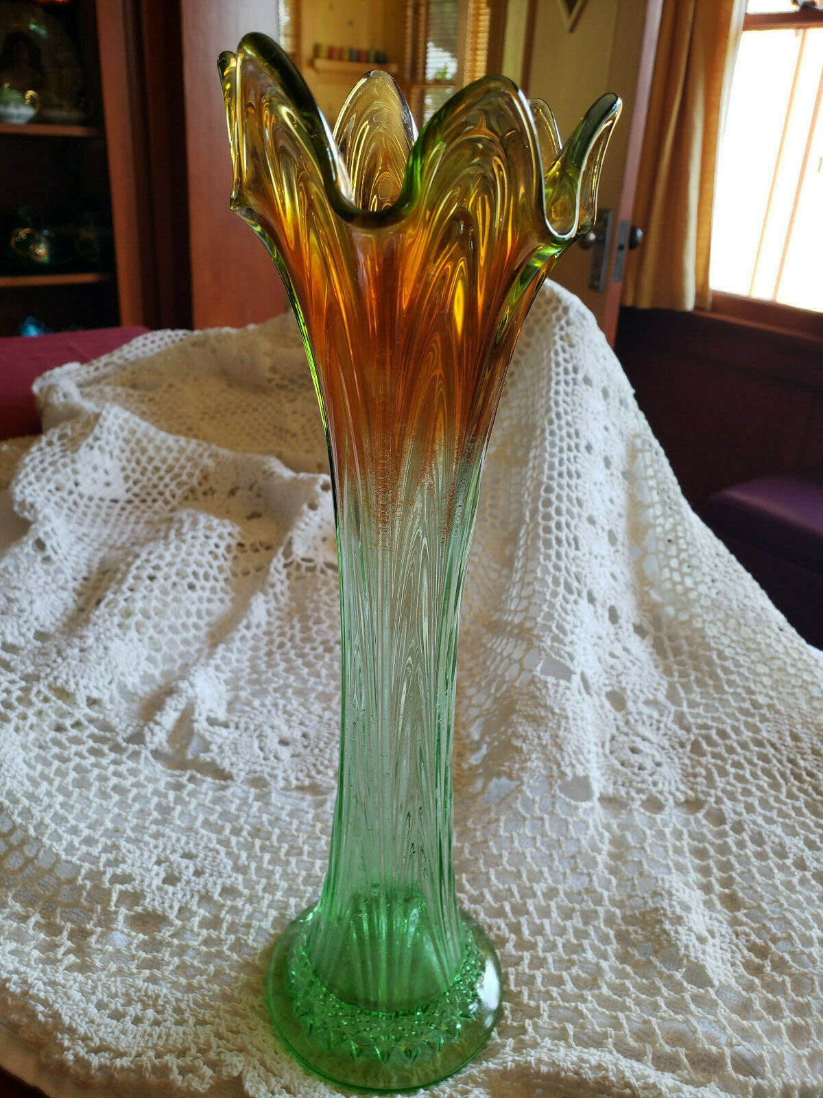 Vintage Carnival Glass Swung Vase With Marigold Top And Green Base 12"