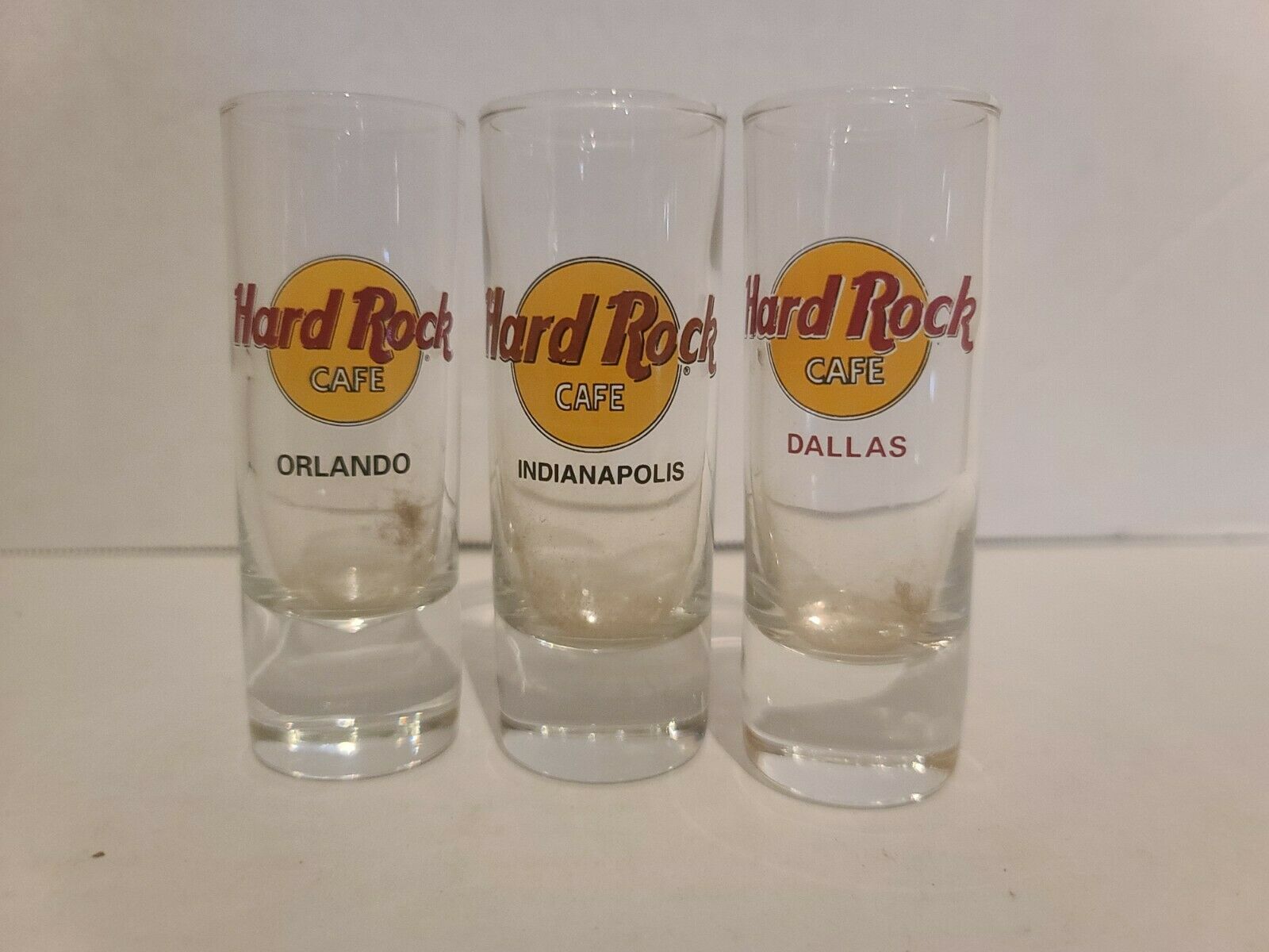 Collection Hard Rock Cafe Shot Glasses..lot Of 3 Orlando,indianapolis,dallas