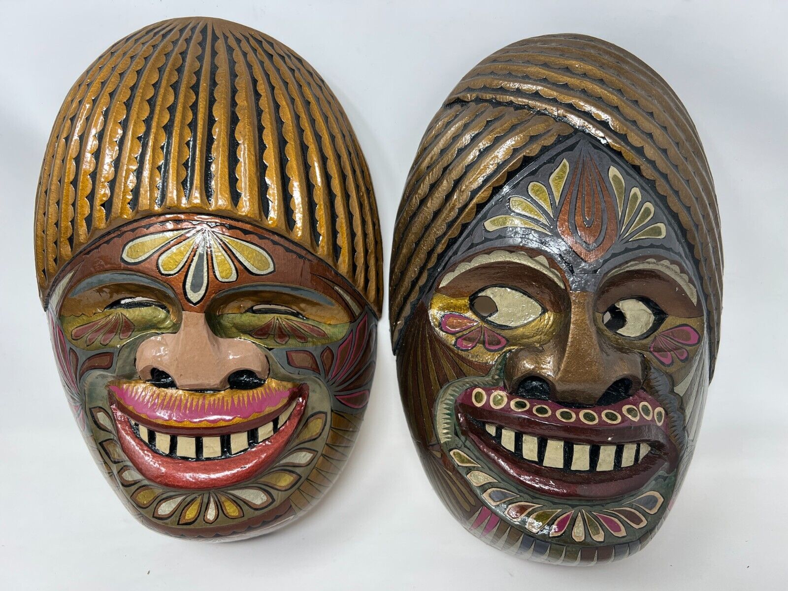 2x African Wooden Tribal Face Masks - Hand Carved - Wall Hanging 10”x6"